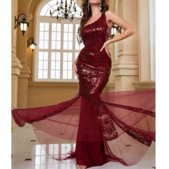 Luxurious sequins one shoulder mesh evening party formal gown dress - Picture 7 of 13
